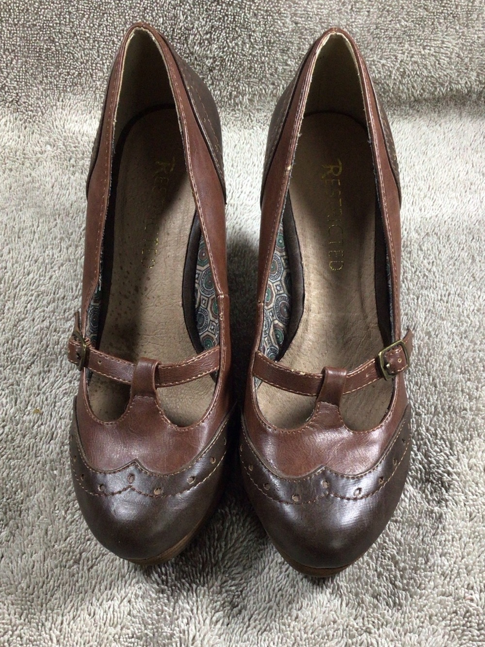 Restricted t-strap vintage wedges, 2 tone brown& tan, size 6.5